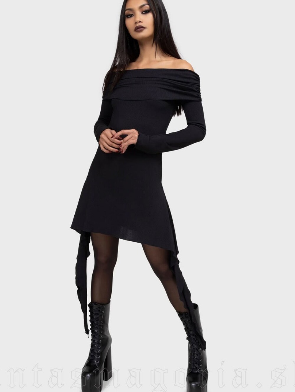 Killstar Black One-Shoulder Gothic Asymmetric Hem Dress
